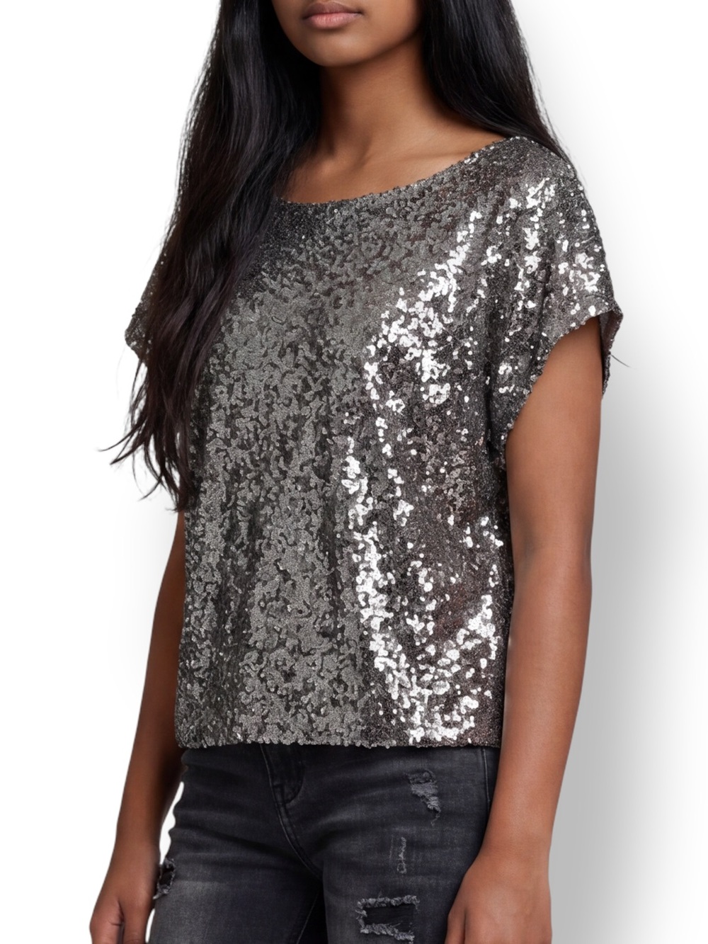 4/$20 Xhilaration Silver Sequin Short Sleeve Top Blouse Party Sparkle Small - Picture 1 of 8